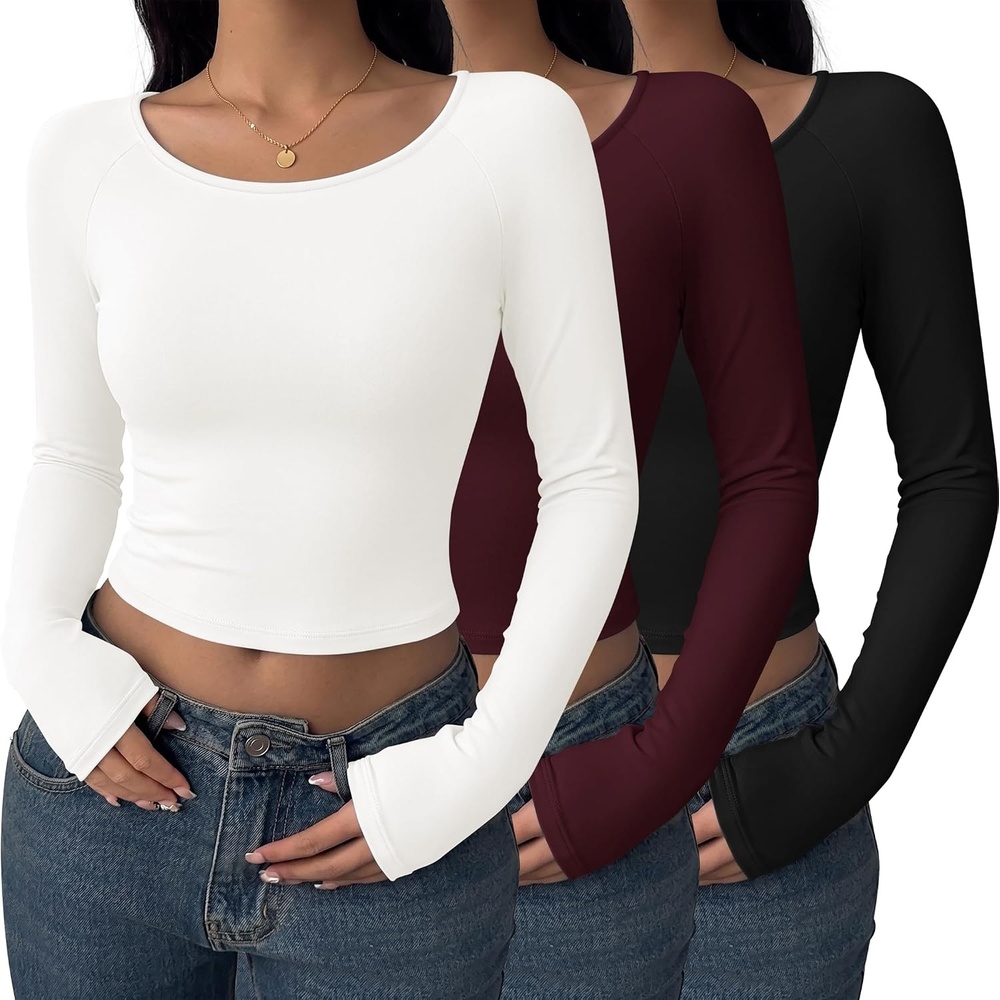 image:imageEkouaer Long Sleeve Crop Tops for Women 3 Pack Scoop Neck Raglan Shirts Slim Fit Underscrub Basic Base Layer XSXXL3pcs Black Wine Red White