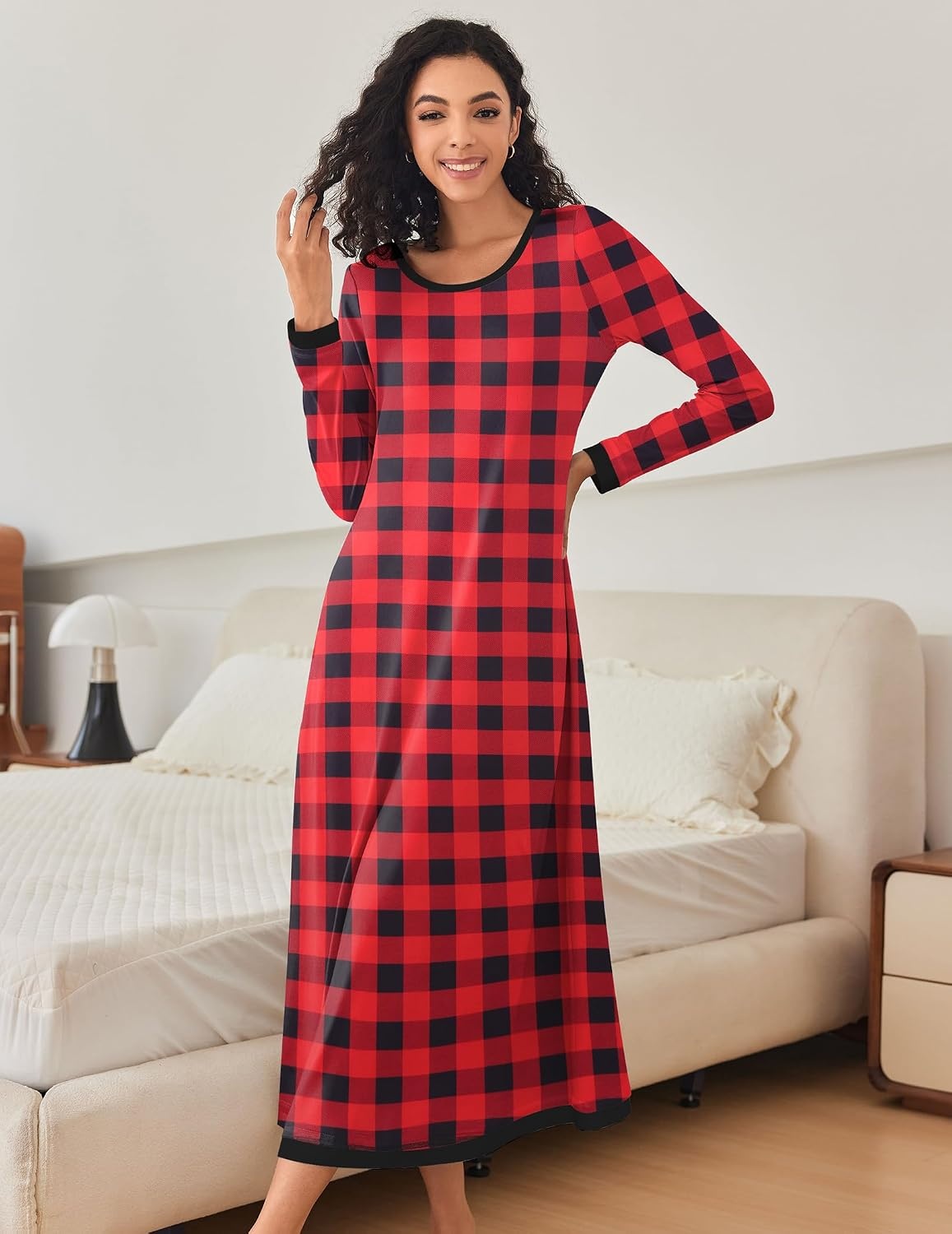 image:imageEkouaer Nightgown Women Long Sleeve Sleepwear Full Length Long Nightshirt Soft Loungewear Pajama Dress S4XLRed Plaid