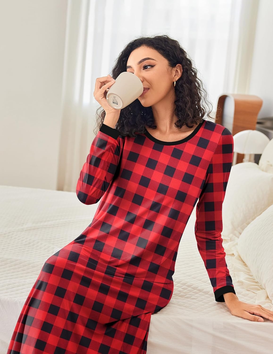 image:imageEkouaer Nightgown Women Long Sleeve Sleepwear Full Length Long Nightshirt Soft Loungewear Pajama Dress S4XLRed Plaid