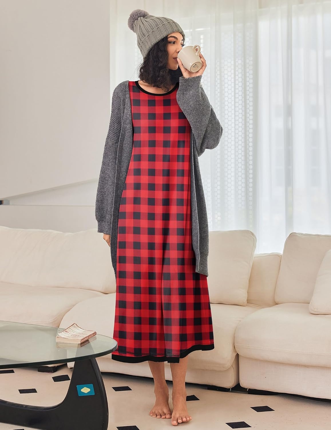 image:imageEkouaer Nightgown Women Long Sleeve Sleepwear Full Length Long Nightshirt Soft Loungewear Pajama Dress S4XLRed Plaid