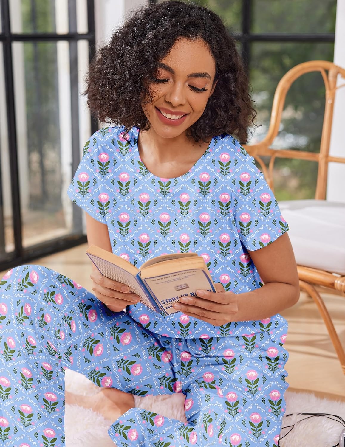 image:imageEkouaer Pajama Sets for Women Round Neck Pjs Short Sleeve Sleepwear with Long Pants Loose Lounge SetsBlue Flower Bouquet