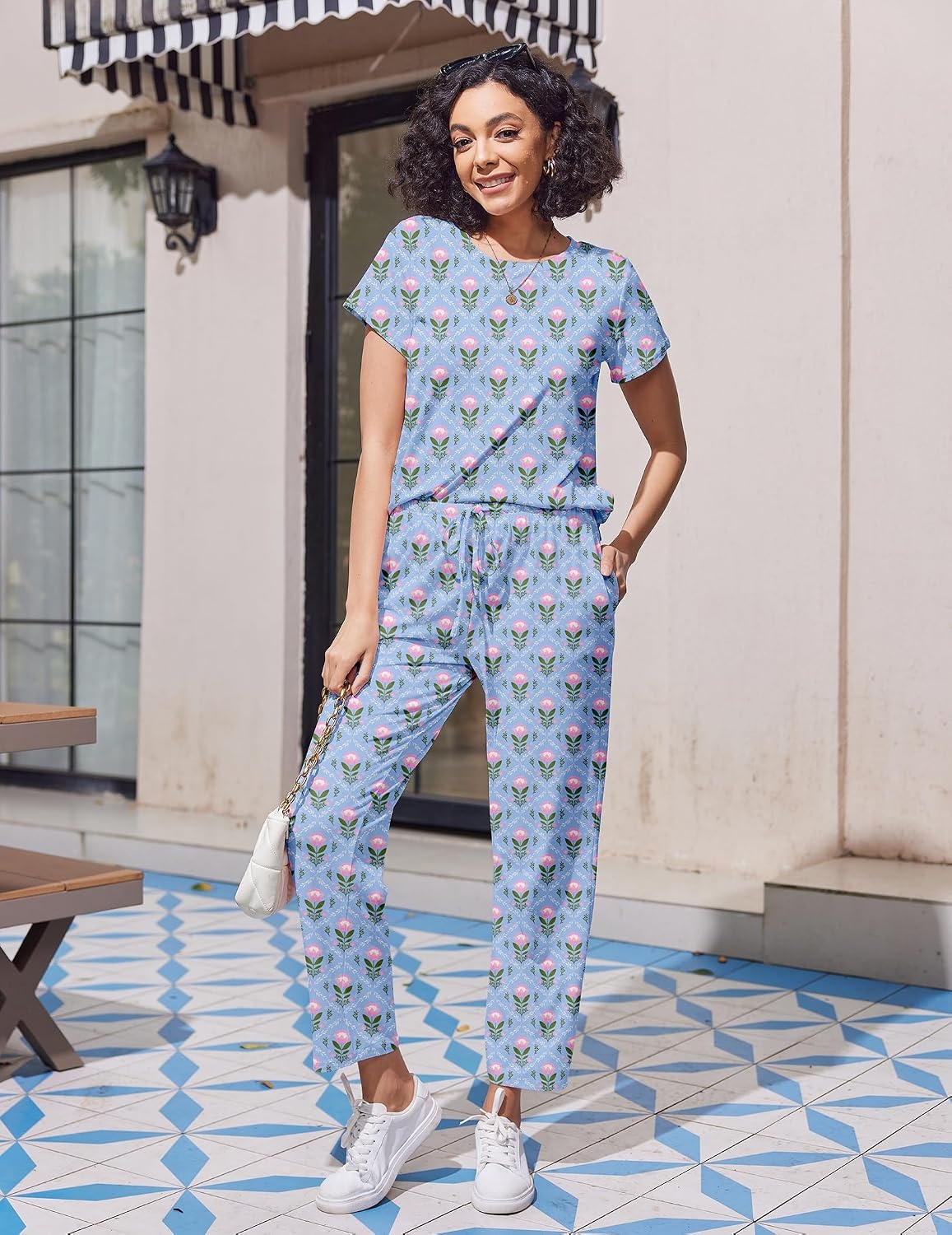 image:imageEkouaer Pajama Sets for Women Round Neck Pjs Short Sleeve Sleepwear with Long Pants Loose Lounge SetsBlue Flower Bouquet