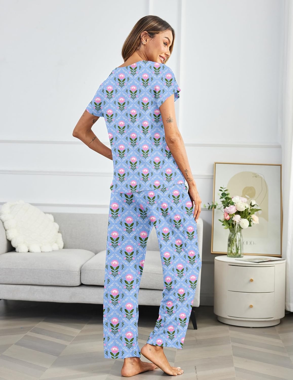 image:imageEkouaer Pajama Sets for Women Round Neck Pjs Short Sleeve Sleepwear with Long Pants Loose Lounge SetsBlue Flower Bouquet