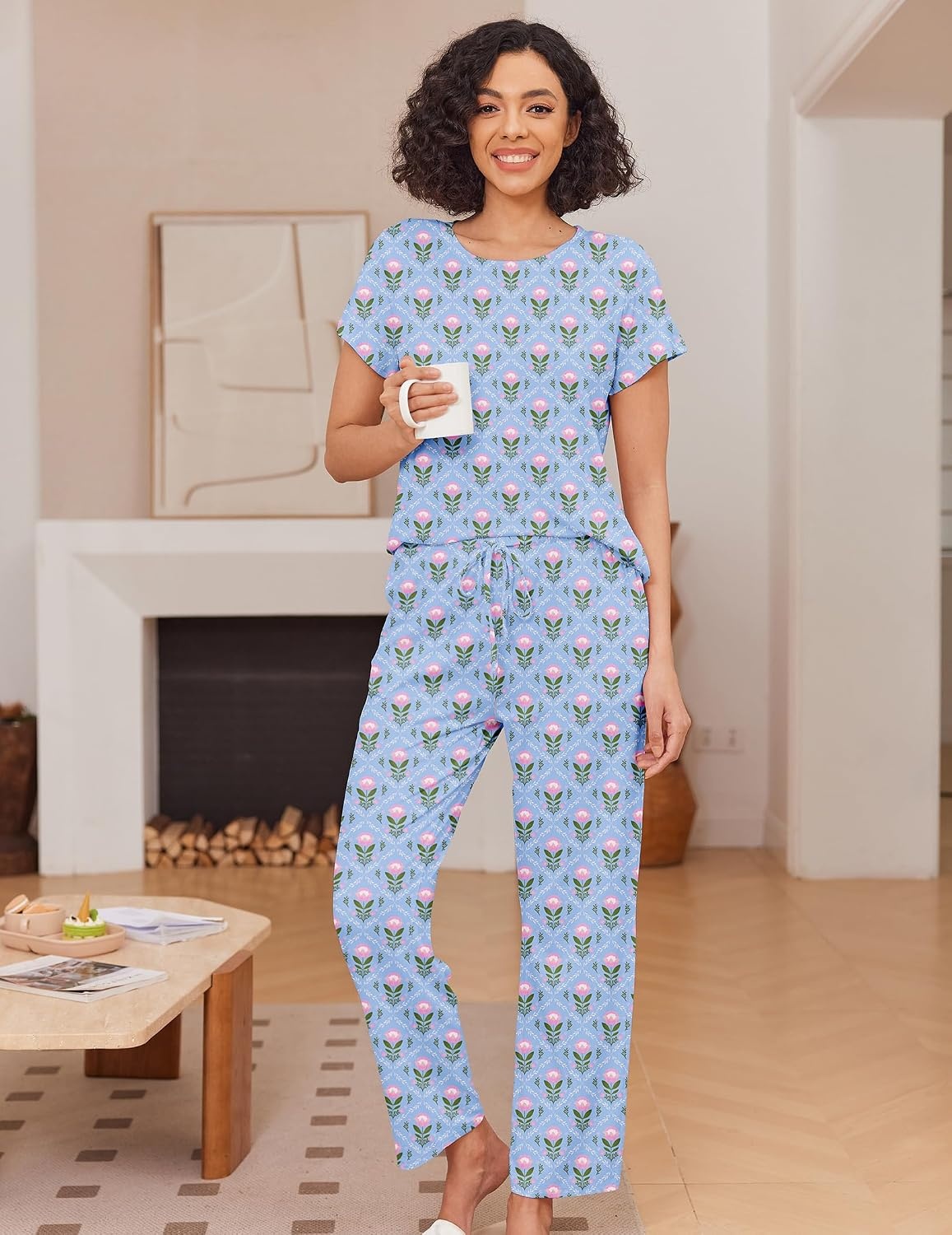 image:imageEkouaer Pajama Sets for Women Round Neck Pjs Short Sleeve Sleepwear with Long Pants Loose Lounge SetsBlue Flower Bouquet