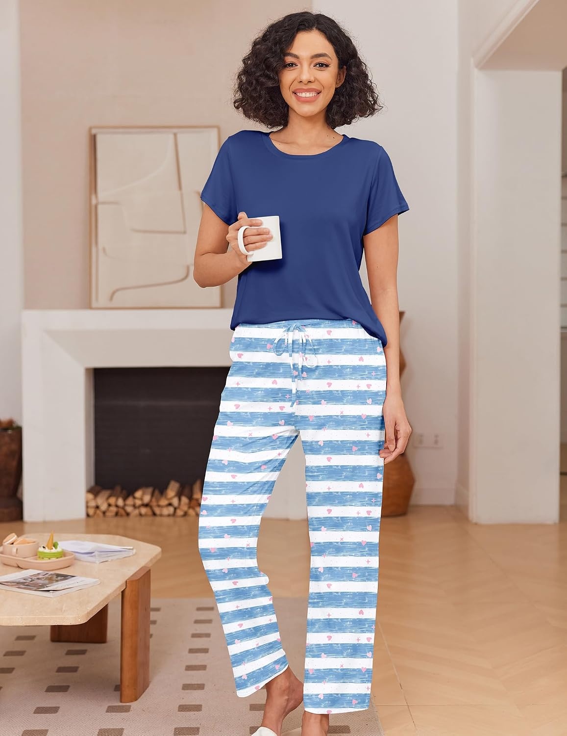 image:imageEkouaer Pajama Sets for Women Round Neck Pjs Short Sleeve Sleepwear with Long Pants Loose Lounge SetsHeart Blue Stripes