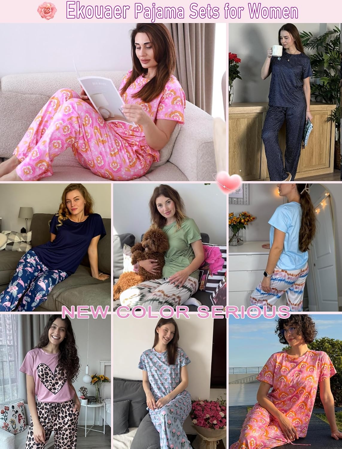 image:imageEkouaer Pajama Sets for Women Round Neck Pjs Short Sleeve Sleepwear with Long Pants Loose Lounge SetsHeart Blue Stripes