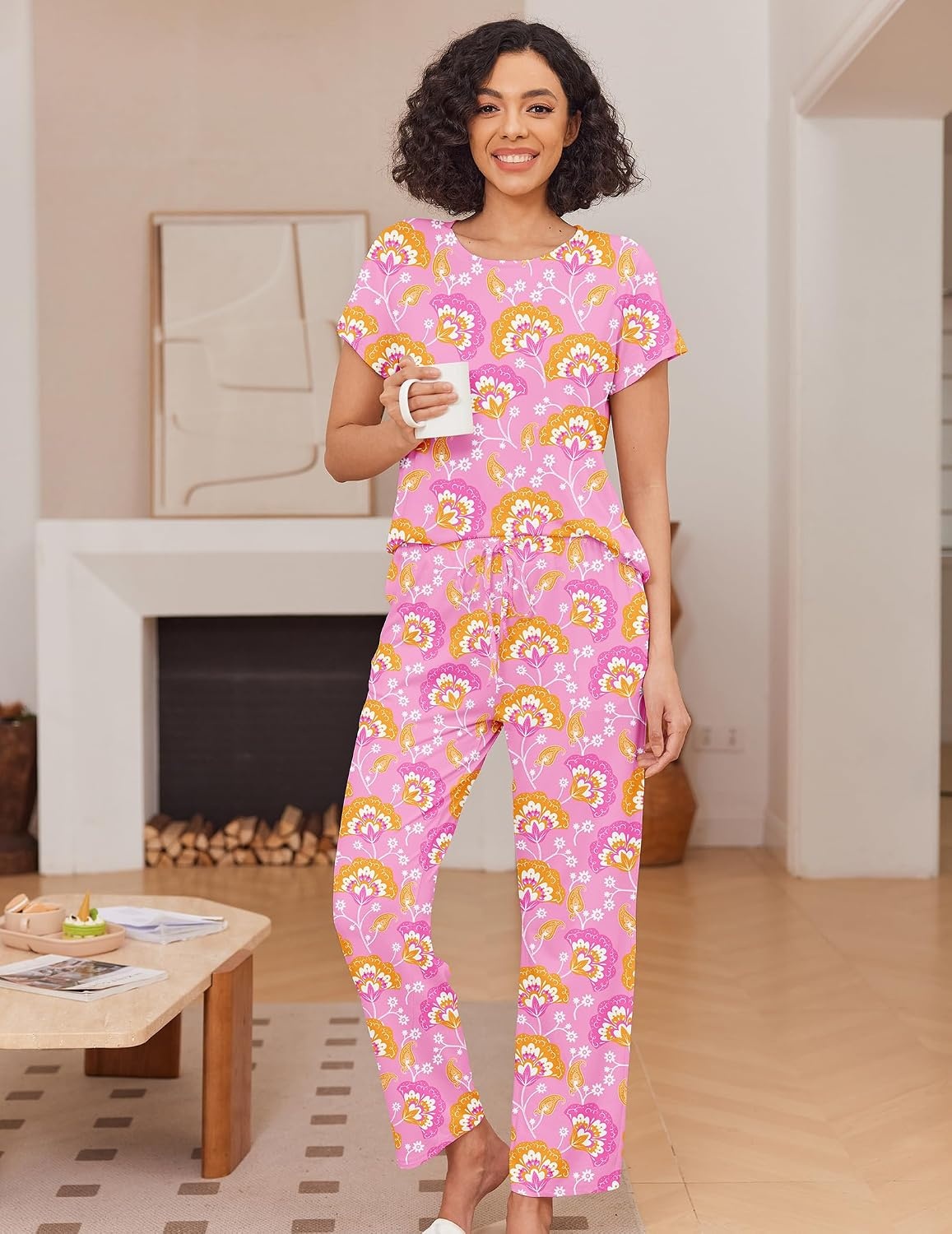 image:imageEkouaer Pajama Sets for Women Round Neck Pjs Short Sleeve Sleepwear with Long Pants Loose Lounge SetsPink Cashew Flower