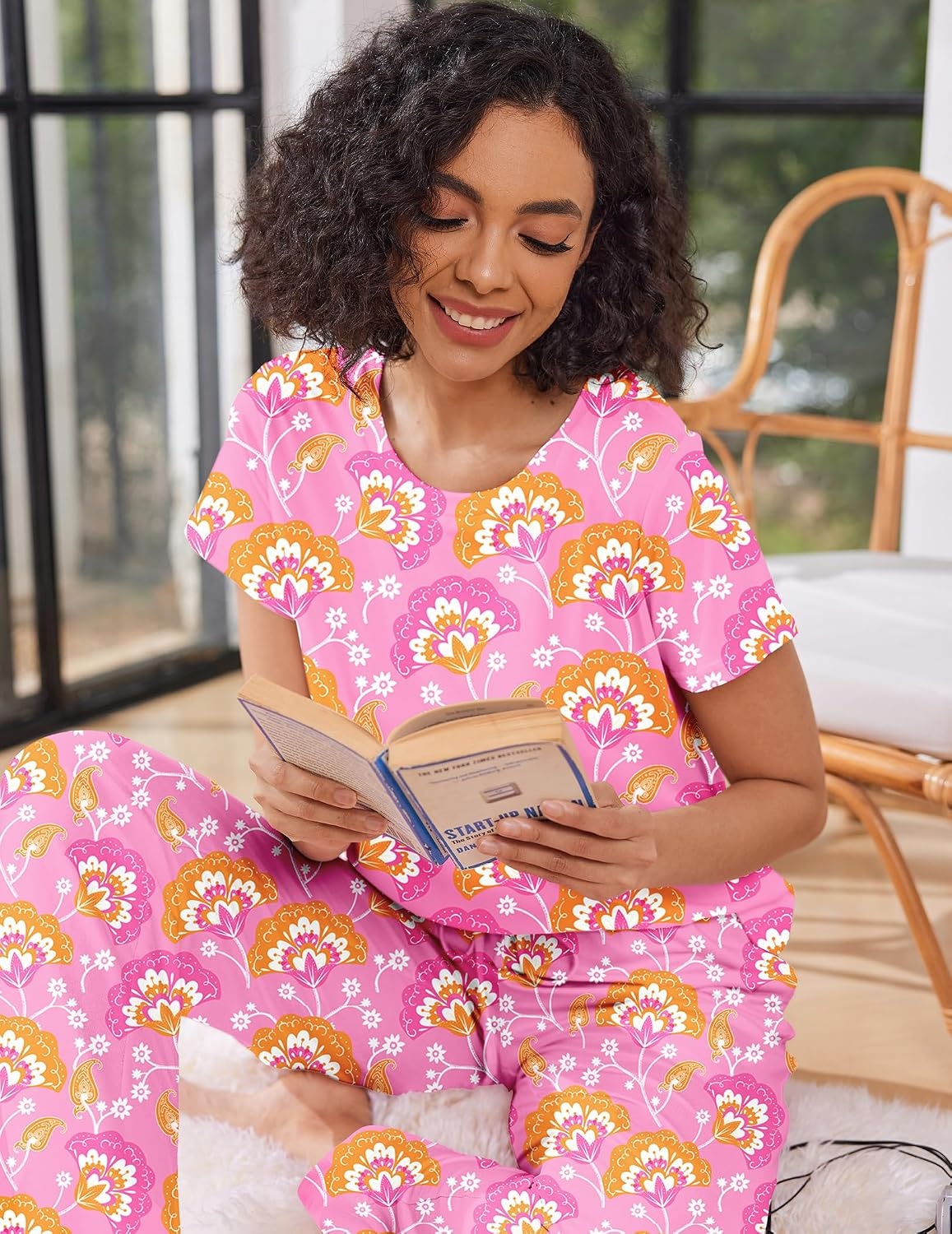 image:imageEkouaer Pajama Sets for Women Round Neck Pjs Short Sleeve Sleepwear with Long Pants Loose Lounge SetsPink Cashew Flower