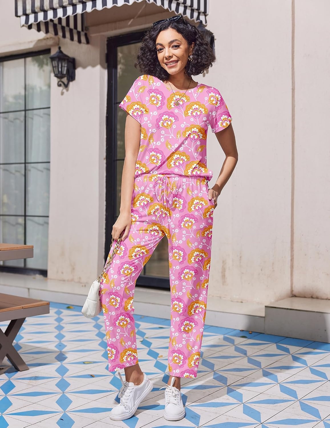 image:imageEkouaer Pajama Sets for Women Round Neck Pjs Short Sleeve Sleepwear with Long Pants Loose Lounge SetsPink Cashew Flower