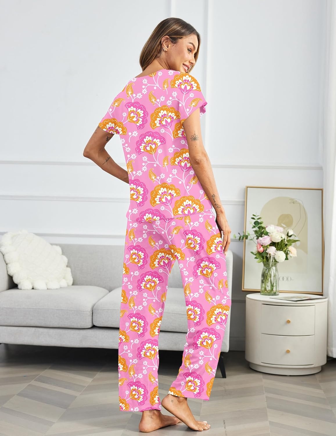 image:imageEkouaer Pajama Sets for Women Round Neck Pjs Short Sleeve Sleepwear with Long Pants Loose Lounge SetsPink Cashew Flower