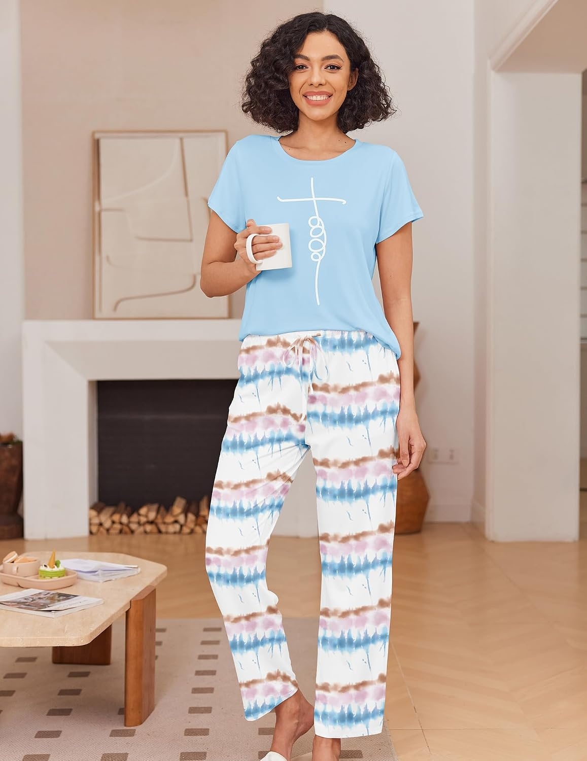 image:imageEkouaer Pajama Sets for Women Round Neck Pjs Short Sleeve Sleepwear with Long Pants Loose Lounge SetsTie Dye Blue