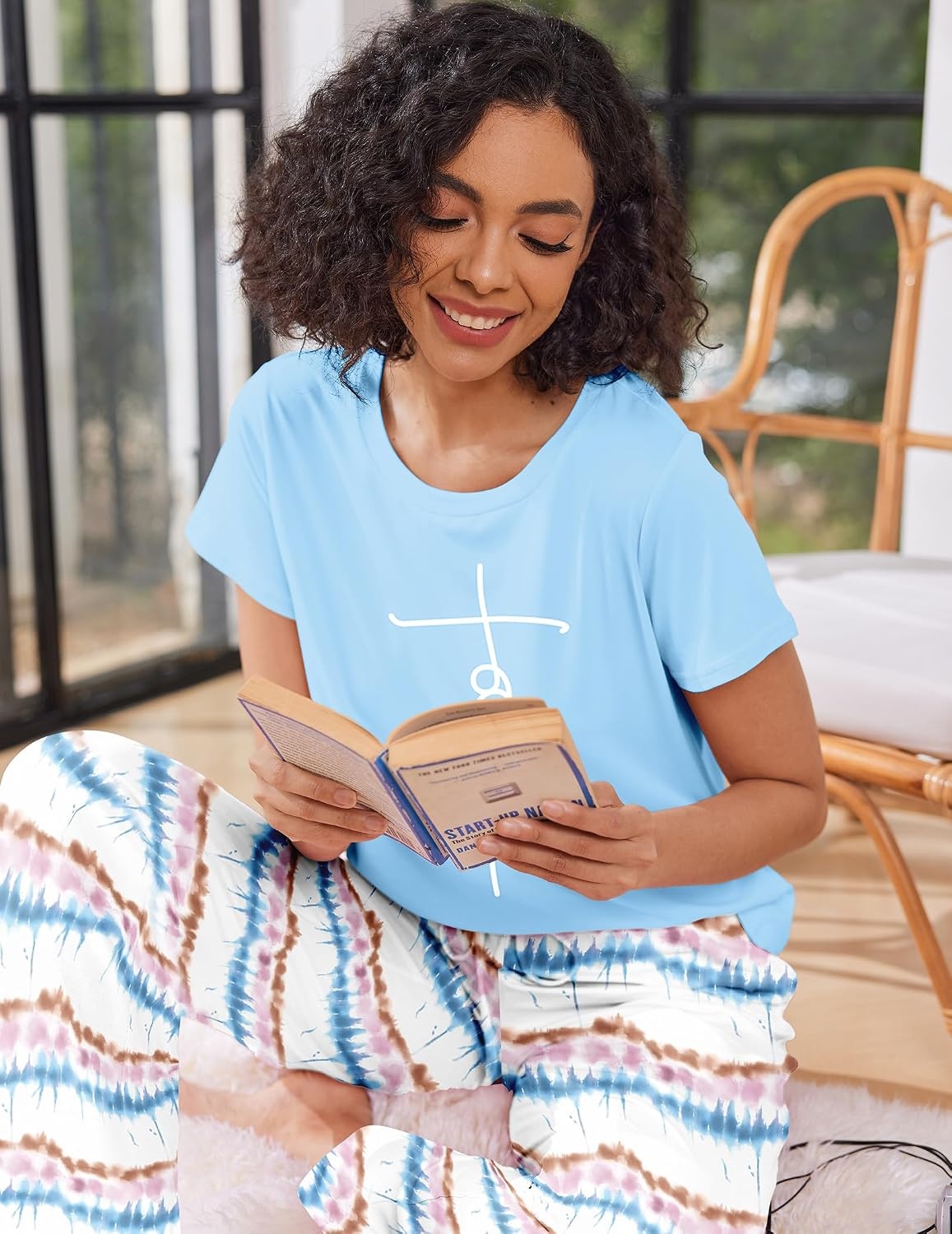 image:imageEkouaer Pajama Sets for Women Round Neck Pjs Short Sleeve Sleepwear with Long Pants Loose Lounge SetsTie Dye Blue