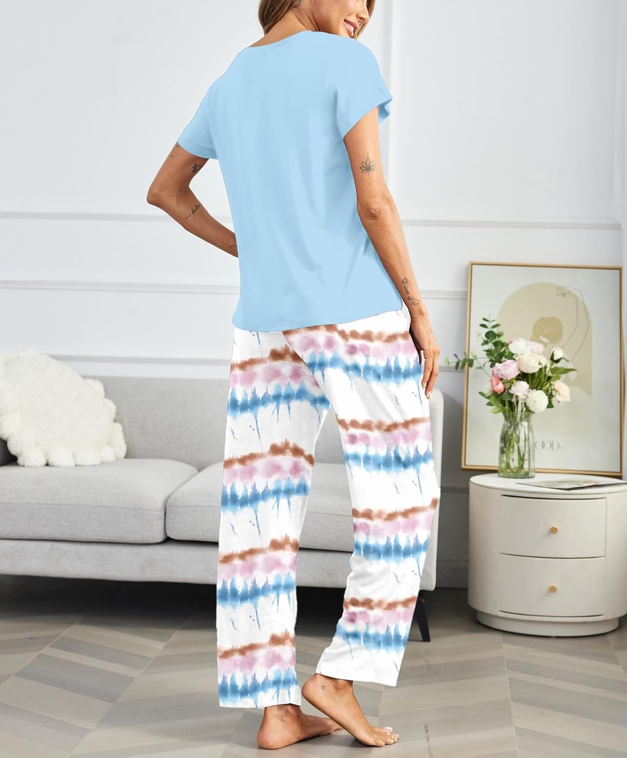 image:imageEkouaer Pajama Sets for Women Round Neck Pjs Short Sleeve Sleepwear with Long Pants Loose Lounge SetsTie Dye Blue
