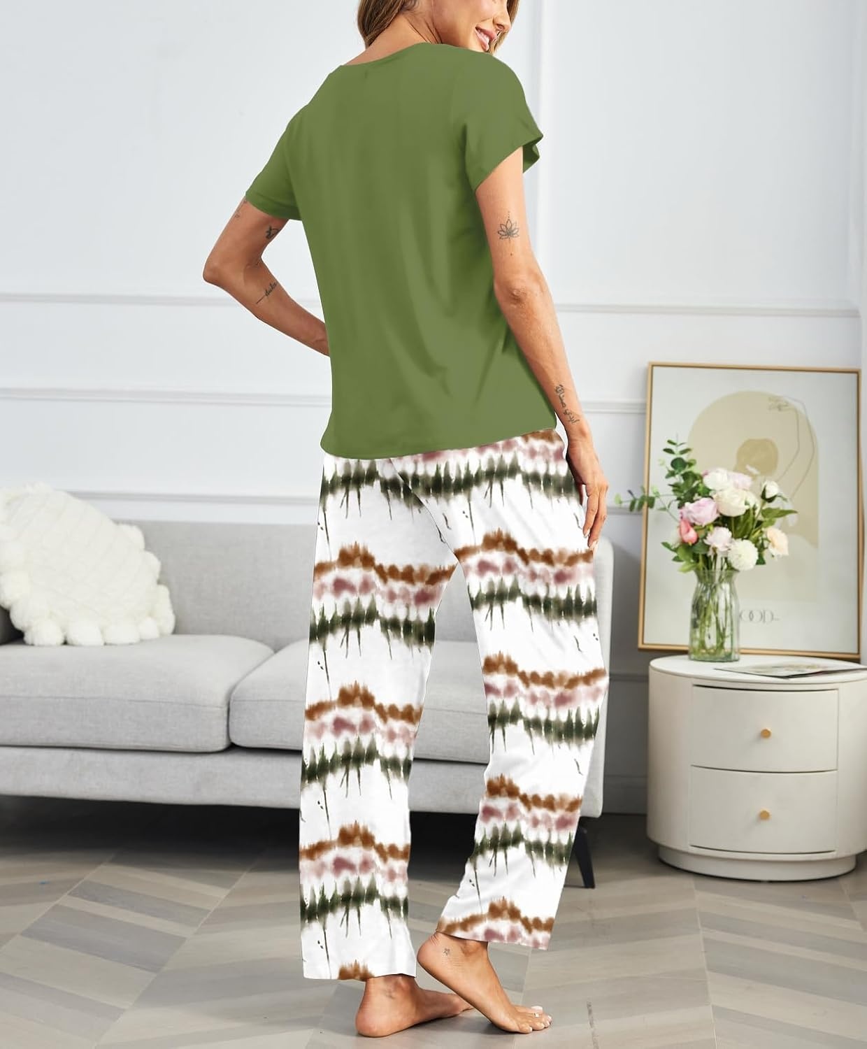 image:imageEkouaer Pajama Sets for Women Round Neck Pjs Short Sleeve Sleepwear with Long Pants Loose Lounge SetsTie Dye Green
