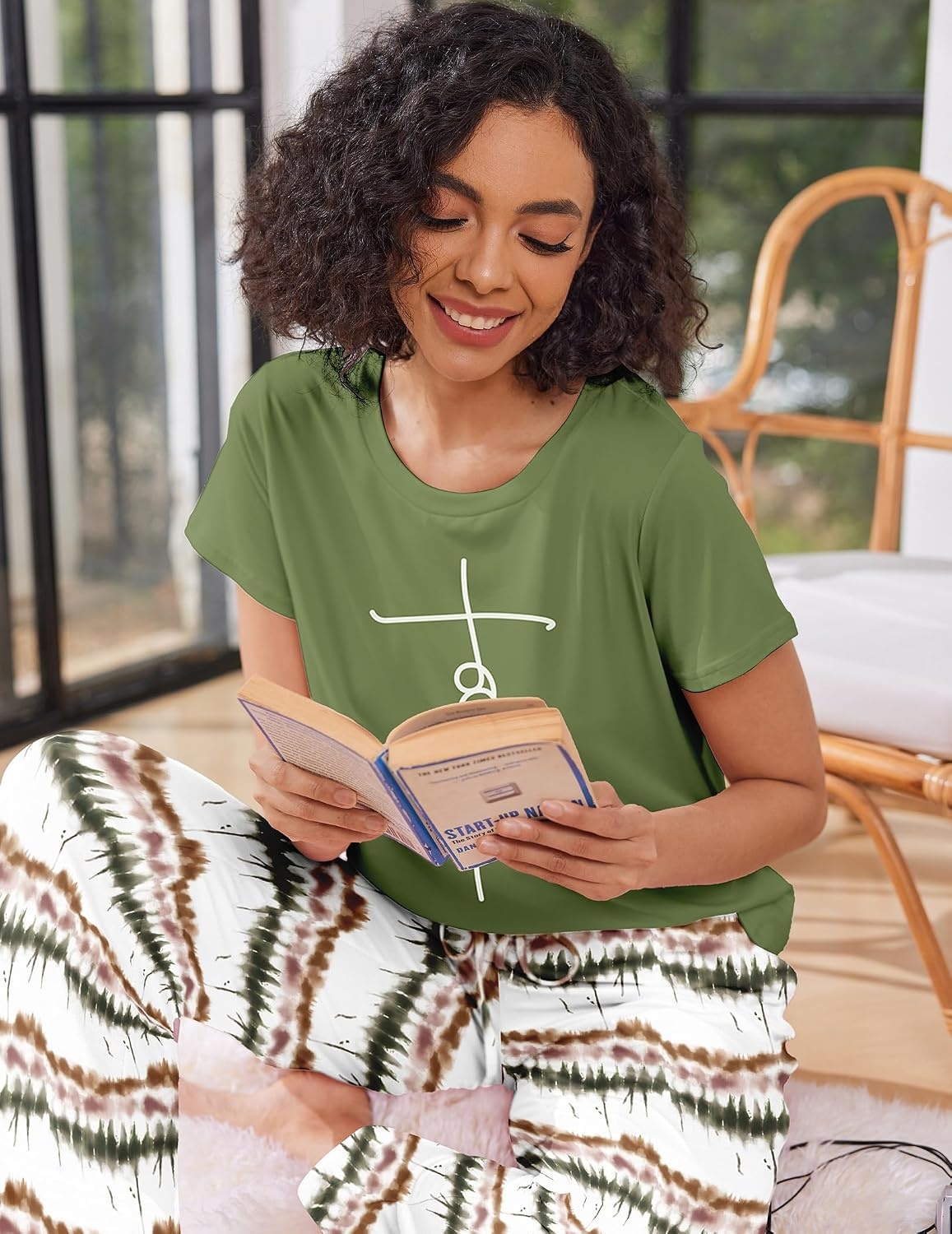 image:imageEkouaer Pajama Sets for Women Round Neck Pjs Short Sleeve Sleepwear with Long Pants Loose Lounge SetsTie Dye Green