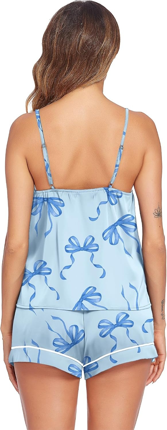 image:imageEkouaer Pajamas for Women Set Silk Satin Pjs Sexy Lingerie Sleepwear Cami Shorts Set Summer Nightwear SXXLBlue Bow