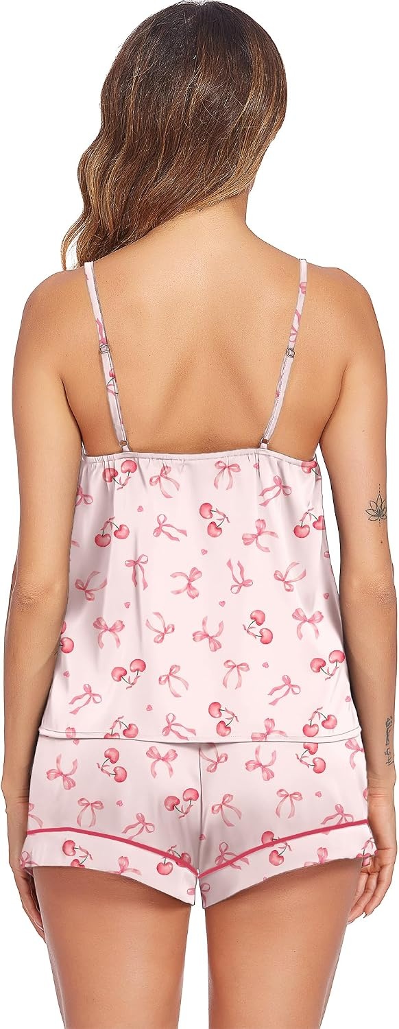 image:imageEkouaer Pajamas for Women Set Silk Satin Pjs Sexy Lingerie Sleepwear Cami Shorts Set Summer Nightwear SXXLCherry Bow