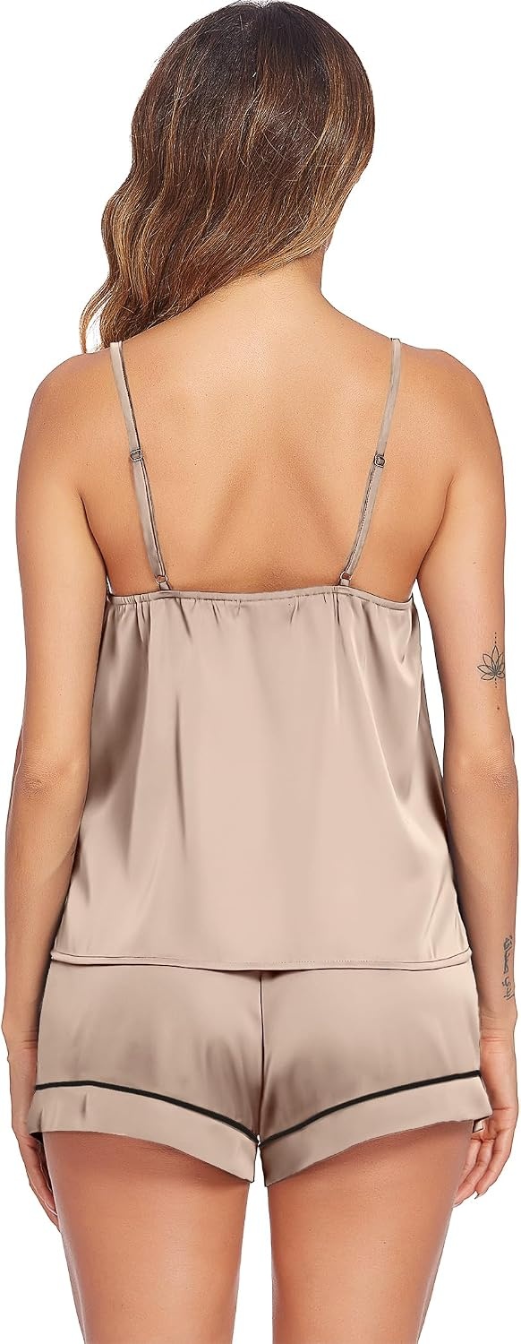 image:imageEkouaer Pajamas for Women Set Silk Satin Pjs Sexy Lingerie Sleepwear Cami Shorts Set Summer Nightwear SXXLKhaki