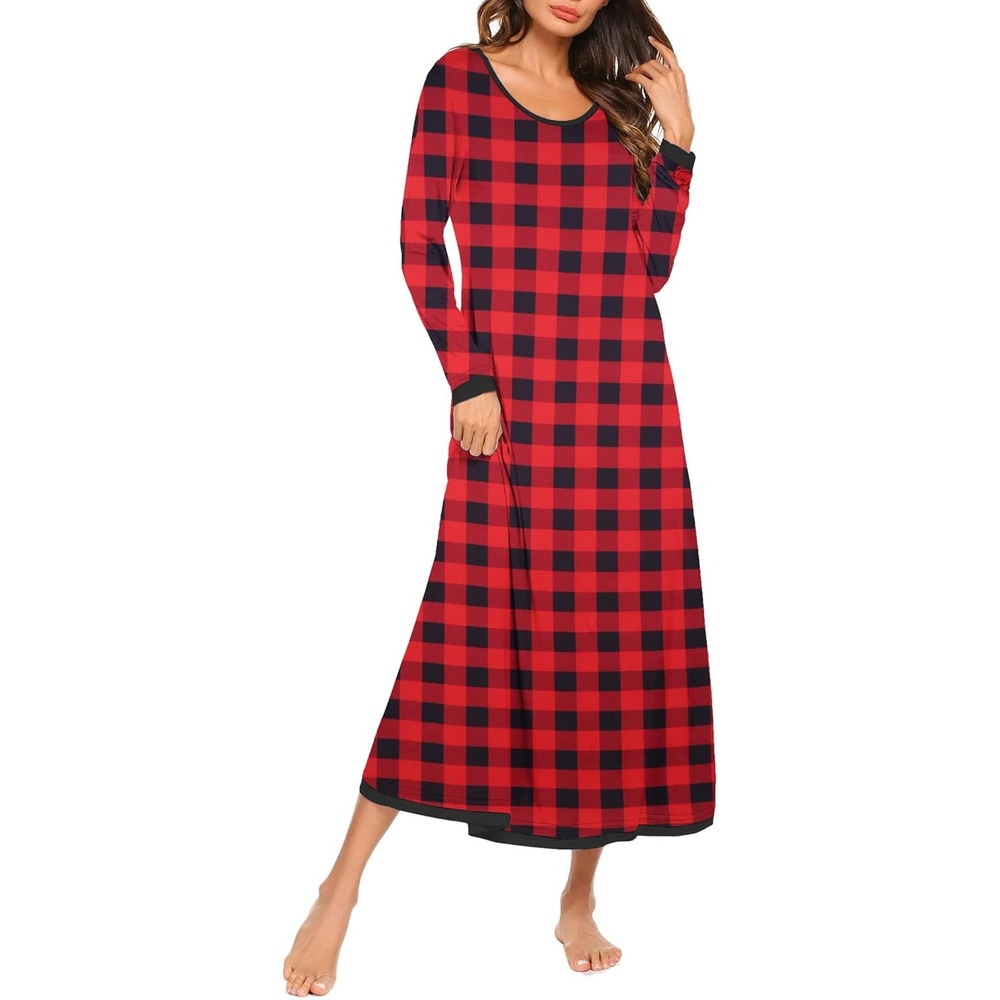 image:imageEkouaer Nightgown Women Long Sleeve Sleepwear Full Length Long Nightshirt Soft Loungewear Pajama Dress S4XLRed Plaid