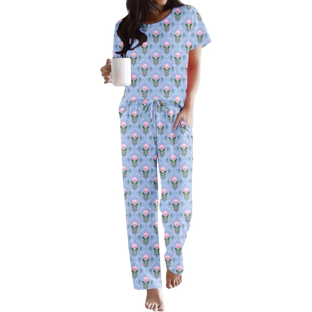 image:imageEkouaer Pajama Sets for Women Round Neck Pjs Short Sleeve Sleepwear with Long Pants Loose Lounge SetsBlue Flower Bouquet