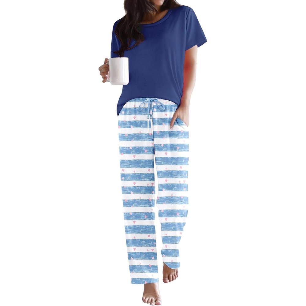 image:imageEkouaer Pajama Sets for Women Round Neck Pjs Short Sleeve Sleepwear with Long Pants Loose Lounge SetsHeart Blue Stripes