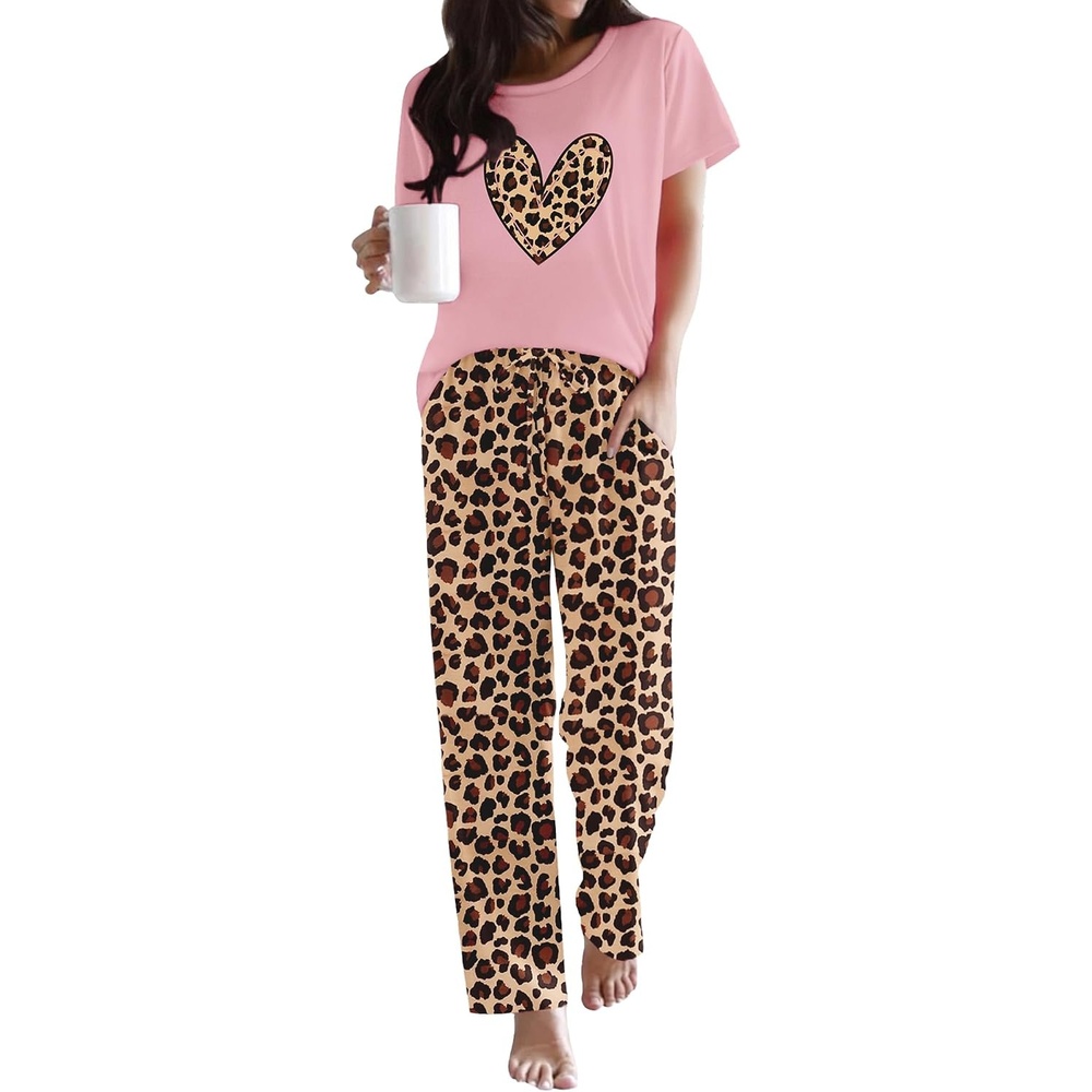 image:imageEkouaer Pajama Sets for Women Round Neck Pjs Short Sleeve Sleepwear with Long Pants Loose Lounge SetsLeopard Pink