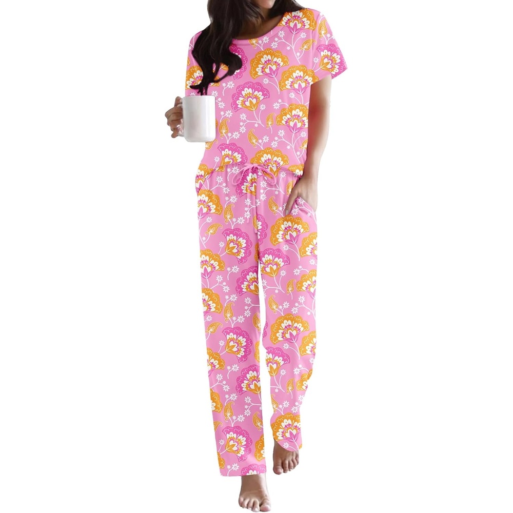 image:imageEkouaer Pajama Sets for Women Round Neck Pjs Short Sleeve Sleepwear with Long Pants Loose Lounge SetsPink Cashew Flower