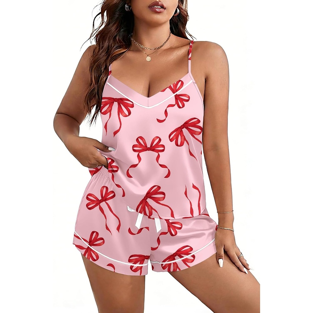 image:imageEkouaer Pajamas for Women Set Silk Satin Pjs Sexy Lingerie Sleepwear Cami Shorts Set Summer Nightwear SXXLRed Bow