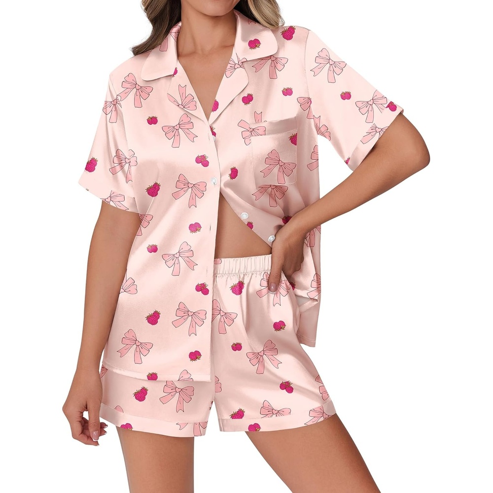 image:imageEkouaer Womens Silk Satin Pajamas Set Animals Print Pjs Button Down Short Sleeve Lounge Set 2 Piece SleepwearCute Bowknot