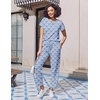 Ekouaer Pajama Sets for Women Round Neck Pjs Short Sleeve Sleepwear with Long Pants Loose Lounge Sets(Blue Flower Bouquet)