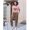 Ekouaer Pajama Sets for Women Round Neck Pjs Short Sleeve Sleepwear with Long Pants Loose Lounge Sets(Leopard Pink)