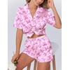 Ekouaer Womens Silk Satin Pajamas Set Animals Print Pjs Button Down Short Sleeve Lounge Set 2 Piece Sleepwear(Pink Bowknot)