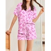 Ekouaer Womens Silk Satin Pajamas Set Animals Print Pjs Button Down Short Sleeve Lounge Set 2 Piece Sleepwear(Pink Bowknot)