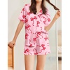 Ekouaer Womens Silk Satin Pajamas Set Animals Print Pjs Button Down Short Sleeve Lounge Set 2 Piece Sleepwear(Red Bowknot)