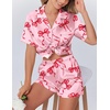 Ekouaer Womens Silk Satin Pajamas Set Animals Print Pjs Button Down Short Sleeve Lounge Set 2 Piece Sleepwear(Red Bowknot)