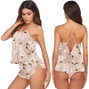 Ekouaer Silk Pajamas Set for Women Satin Backless Lingerie Pjs Cami Top and Shorts Nightwear(Khaki Flowers)
