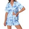 Ekouaer Womens Silk Satin Pajamas Set Animals Print Pjs Button Down Short Sleeve Lounge Set 2 Piece Sleepwear(Blue Bowknot)