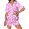 Ekouaer Womens Silk Satin Pajamas Set Animals Print Pjs Button Down Short Sleeve Lounge Set 2 Piece Sleepwear(Pink Bowknot)