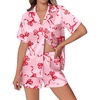 Ekouaer Womens Silk Satin Pajamas Set Animals Print Pjs Button Down Short Sleeve Lounge Set 2 Piece Sleepwear(Red Bowknot)