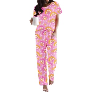 Ekouaer Pajama Sets for Women Round Neck Pjs Short Sleeve Sleepwear with Long Pants Loose Lounge Sets(Pink Cashew Flower)