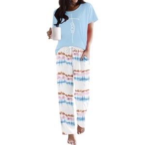 Ekouaer Pajama Sets for Women Round Neck Pjs Short Sleeve Sleepwear with Long Pants Loose Lounge Sets(Tie Dye Blue)