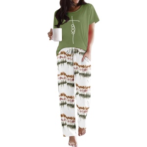 Ekouaer Pajama Sets for Women Round Neck Pjs Short Sleeve Sleepwear with Long Pants Loose Lounge Sets(Tie Dye Green)