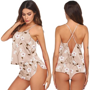 Ekouaer Silk Pajamas Set for Women Satin Backless Lingerie Pjs Cami Top and Shorts Nightwear(Khaki Flowers)