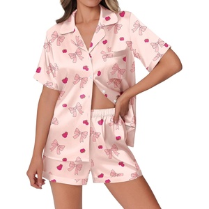 Ekouaer Womens Silk Satin Pajamas Set Animals Print Pjs Button Down Short Sleeve Lounge Set 2 Piece Sleepwear(Cute Bowknot)