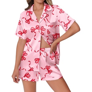 Ekouaer Womens Silk Satin Pajamas Set Animals Print Pjs Button Down Short Sleeve Lounge Set 2 Piece Sleepwear(Red Bowknot)