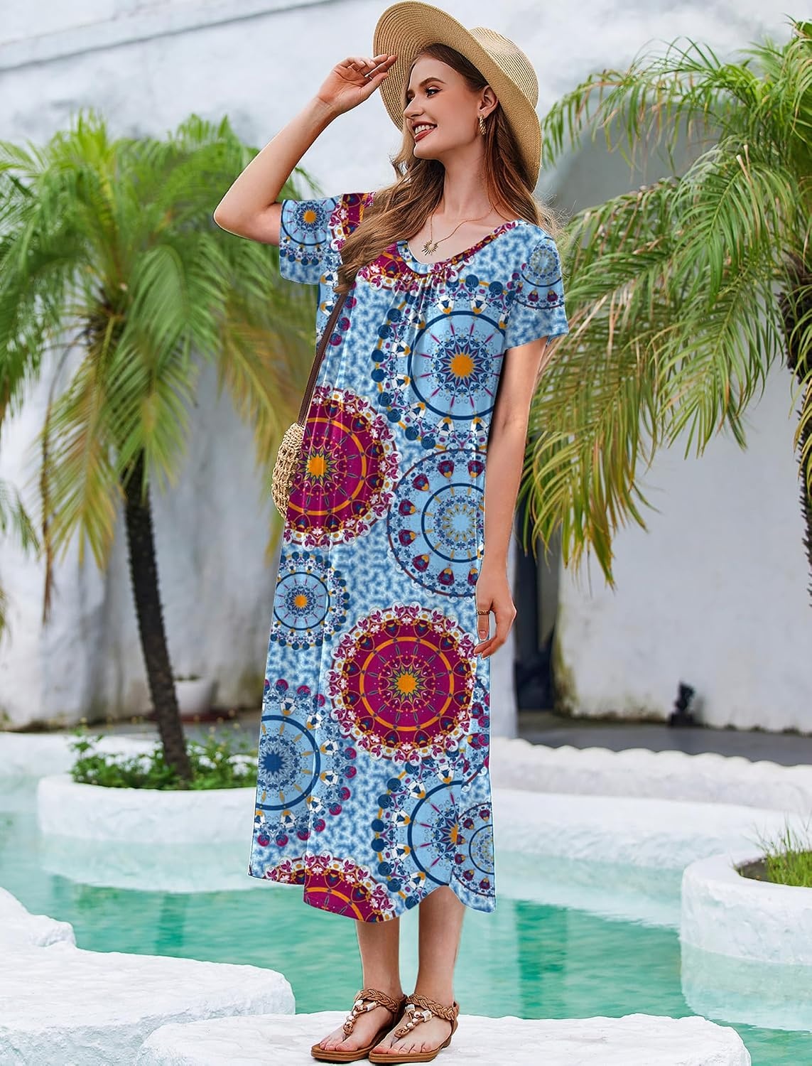 image:imageEkouaer 3 Pack Long Nightgowns for Women Plus Size House Dress Short Sleeve Night Gown V Neck Casual Nightshirt M5XLBlackPurpleBlue Datura