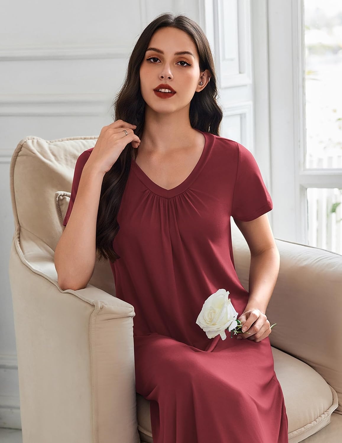 image:imageEkouaer 3 Pack Long Nightgowns for Women Plus Size House Dress Short Sleeve Night Gown V Neck Casual Nightshirt M5XLBlue GreenWine RedPink