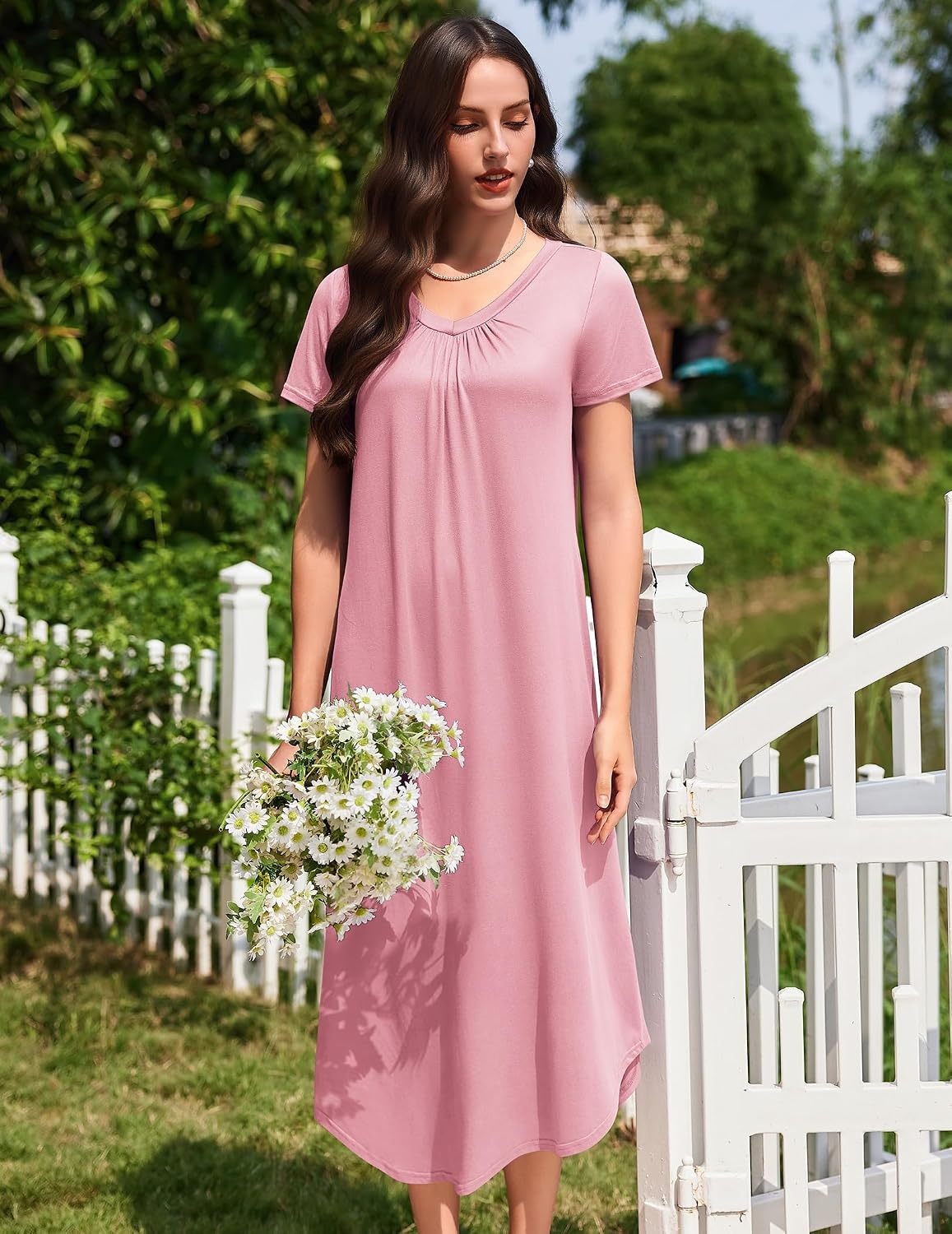 image:imageEkouaer 3 Pack Long Nightgowns for Women Plus Size House Dress Short Sleeve Night Gown V Neck Casual Nightshirt M5XLBlue GreenWine RedPink