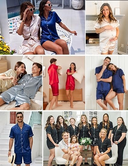 image:imageEkouaer Couple Matching Pajamas Sets Silk Short Sleeve Button Down Sleepwear Satin Pjs Shorts Set Soft Loungewear SXXLPink