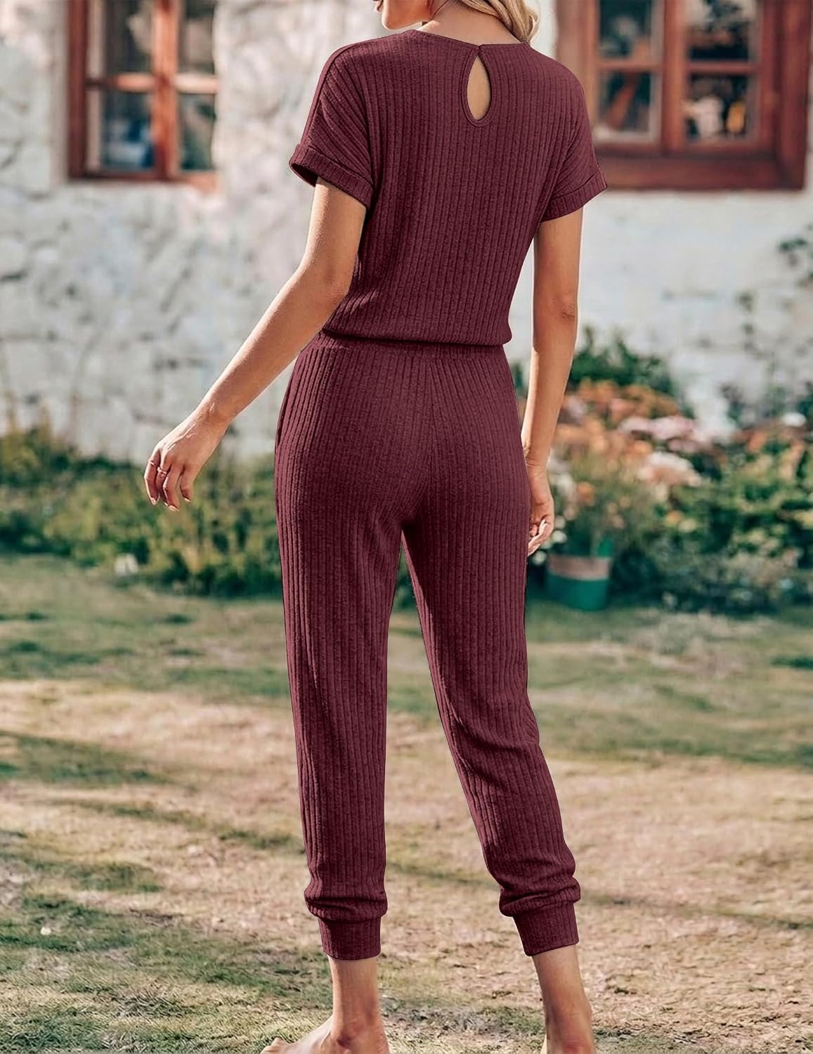 image:imageEkouaer Jumpsuits for Women Dressy Summer Romper Ribbed Knit Casual Travel Outfits 2026 Vacation Beach ClothesWine Red